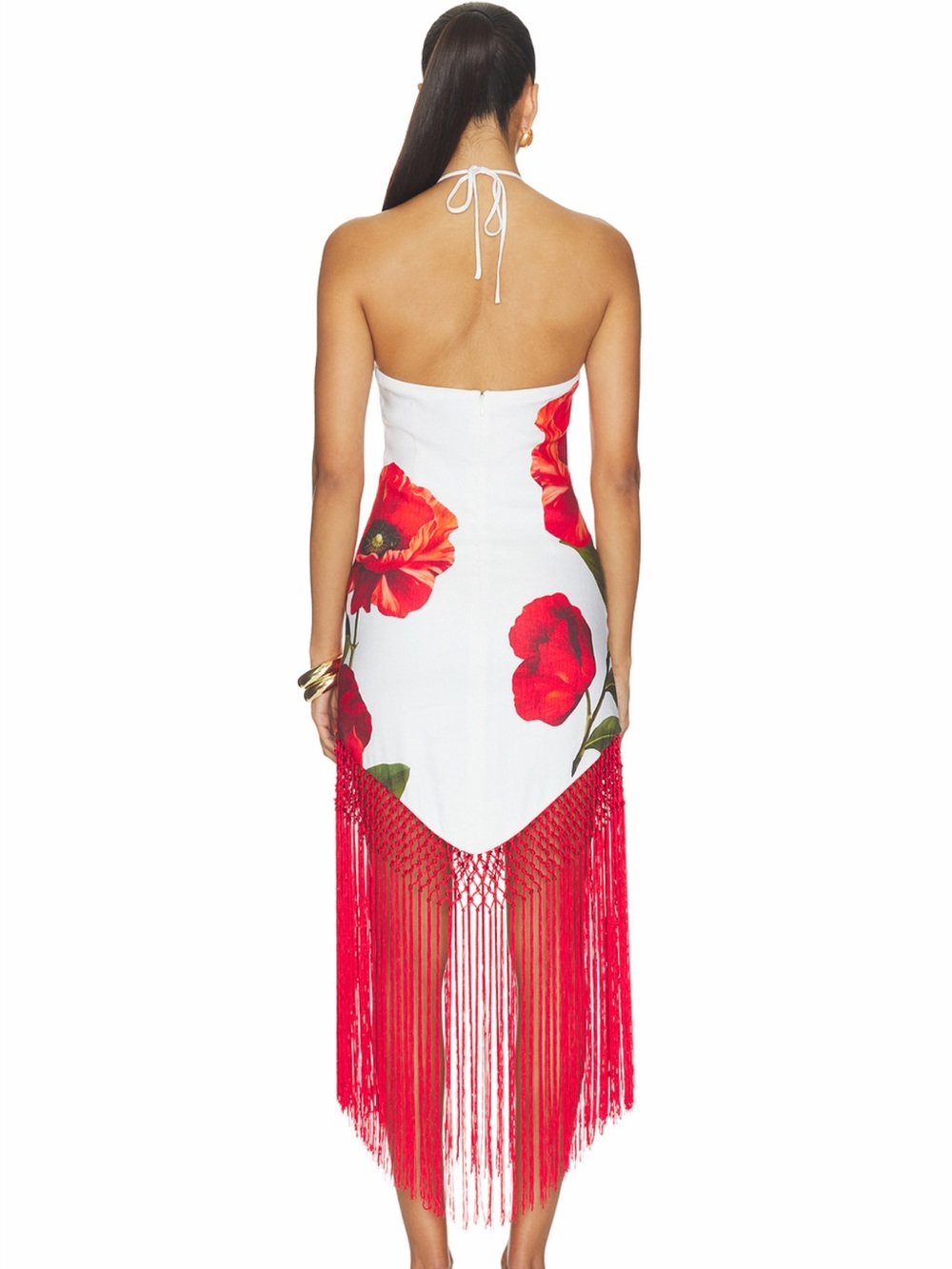 MALLORY HALTER NECK FRINGE HEM MIDI DRESS in summer poppy - Picture 2 of 7